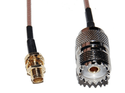 Image of the details of SMA female to UHF female adapter cable