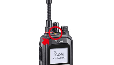 Image highlighting the emergency button on the Icom IC-SAT100 PTT radio.